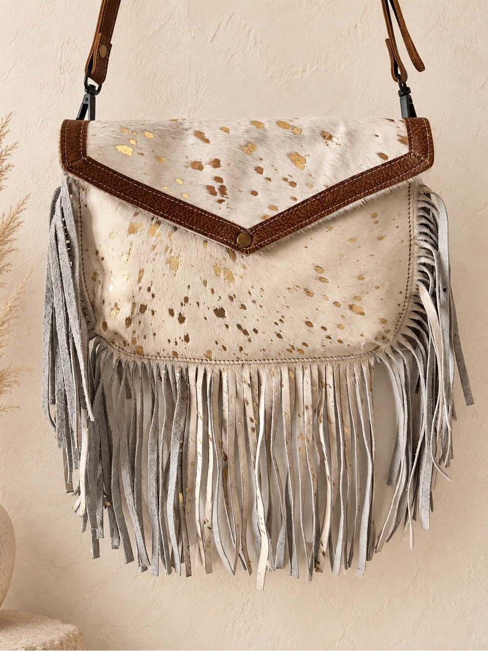 Myra Bag Fringe Crossbody White Gold Leather Boho Western